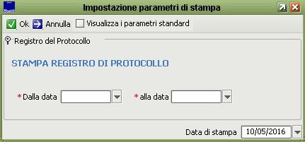 Per stampare il registro di protocollo selezionare la voce di menù STAMPE REGISTRO DI PROTOCOLLO, nella maschera successiva selezionare Registro del Protocollo e cliccare su OK Impostare il periodo