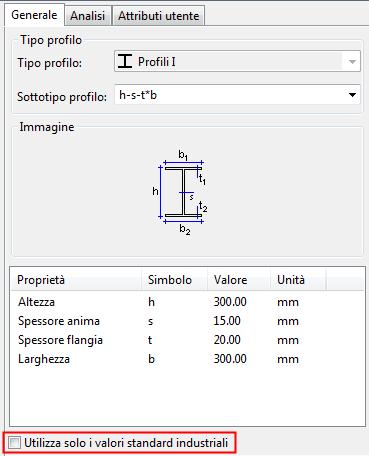 Se per questo profilo sono stati definiti valori standard, la casella di controllo Utilizza solo i valori standard industriali appare nella scheda Generale nelle proprietà del profilo: 4.