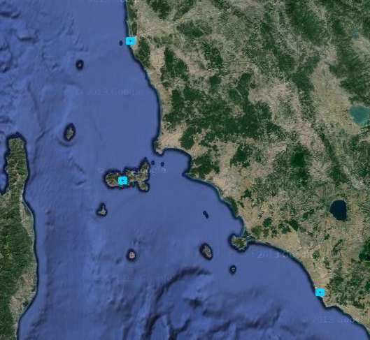 Livorno Marina di Campo Civitavecchia Figura 2- Localizzazione stazioni della R.M.N. utilizzate, elementi quadrati celesti, e dell area di studio, cerchio rosso (fonte: www.mareografico.