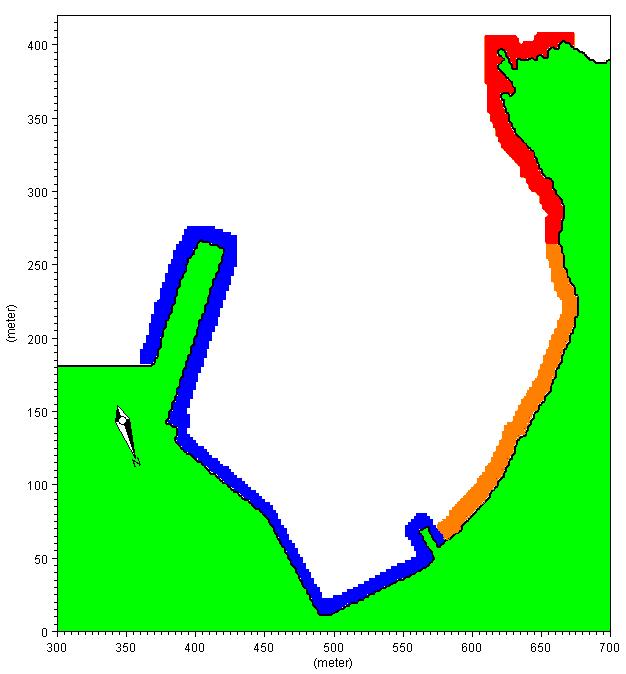 Figura 13 Localizzazione delle zone a differente riflessione (diga e banchine evidenziate in blu, spiaggia in arancione e scogliere naturali in rosso) Manufatti/Spiagge Tabella 10 Coefficienti di