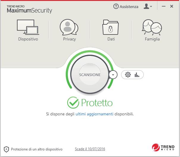 Console principale PC Contattare l'assistenza Trend Micro Gestire l'account Trend Micro Accesso alle diverse funzionalità del software di sicurezza Regolare le impostazioni del software di sicurezza