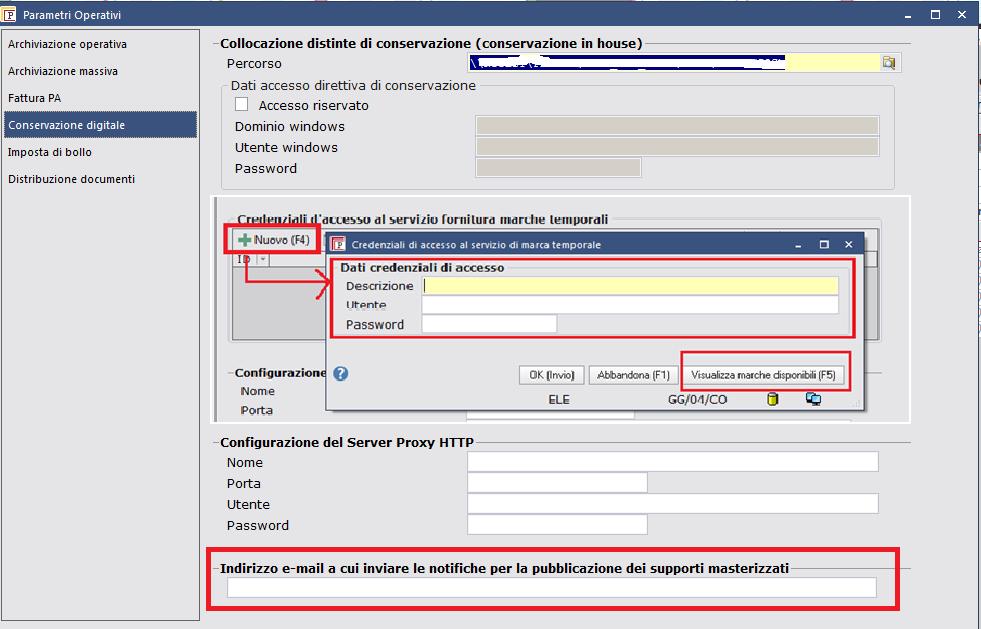 2. GESTIONE DOCUMENTALE CONFIGURAZIONE CONFIGURAZIONE GENERALE, e configurare i dati relativi alle marche temporali. Indicare le credenziali di accesso al sito di Infocert.