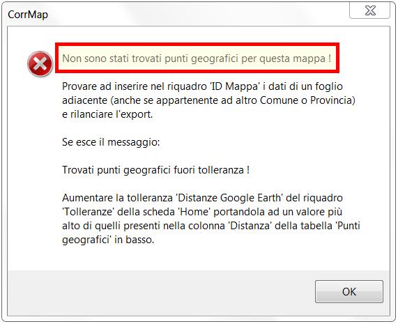 Software CorrMap 5.03.17 In questi casi, attivando il comando Google Earth del riquadro Esporta di CorrMap, viene visualizzato il seguente messaggio: Apriamo ad esempio il file D219_Curino_fog_52.