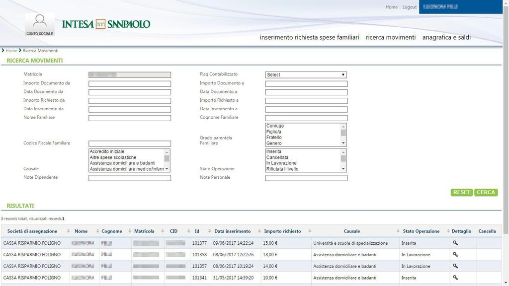 2.2.2 Ricerca Movimenti Cliccando su Ricerca Movimenti è possibile accedere alla schermata di ricerca e gestione dei movimenti presenti in archivio.