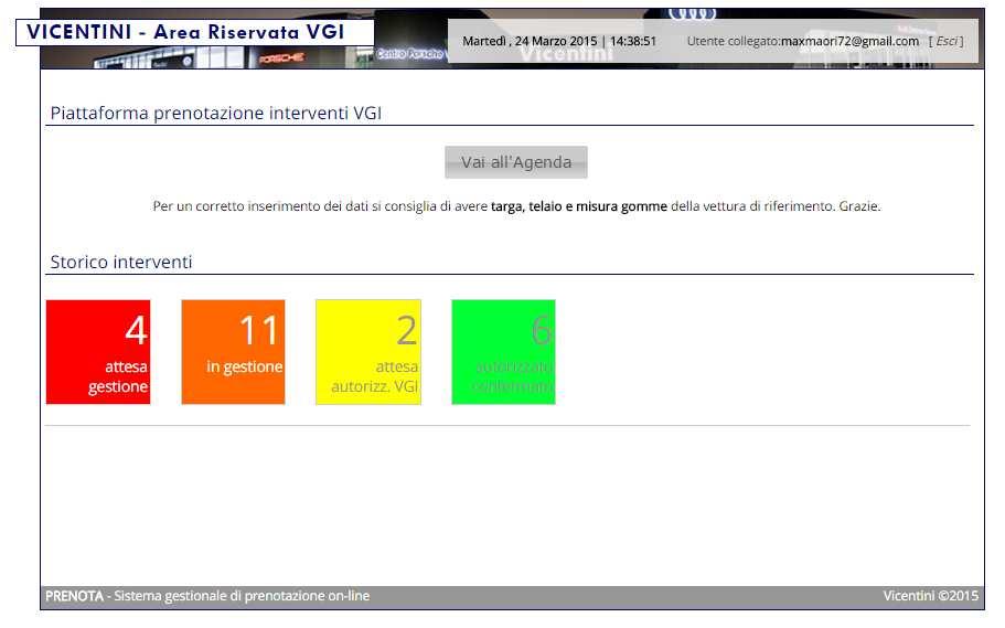 Home Page Nella home page riservata all utente loggato, sarà possibile verificare lo stato delle prenotazioni effettuate solo dall utente loggato oppure scegliere l agenda per effettuarne una nuova.