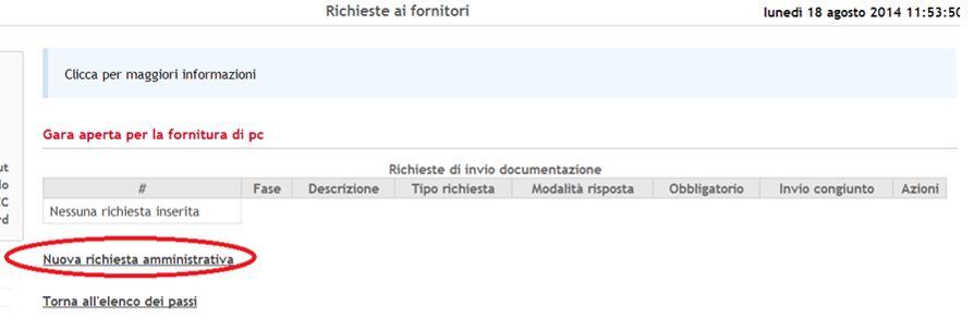 Busta amministrativa - Inserire le richieste (parte 2) Apparsa la schermata sottostante, cliccare sulla voce «Nuova richiesta amministrativa» N.B. Creare una richiesta per ciascun documento che gli operatori economici devono inserire all interno della busta amministrativa così come previsto dal Disciplinare di gara.