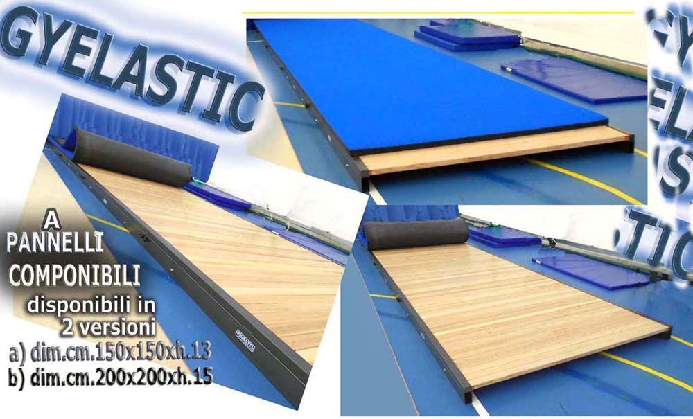 Pedana elastica facilitante JUMP Pignatti, composta da pannelli elastici assemblabili: sistema a molle incorporato tra supporti in materiale ligneo (dimensione elementi mt.2,00x1,25x altezza cm.