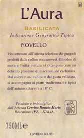 L AURA Basilicata IGT Novello Sangiovese 60% Malvasia 30% Cabernet Sauvignon 10% 4.000 8,00 t I decade di ottobre Vinificazione con macerazione carbonica dei grappoli interi per 10-12 giorni.