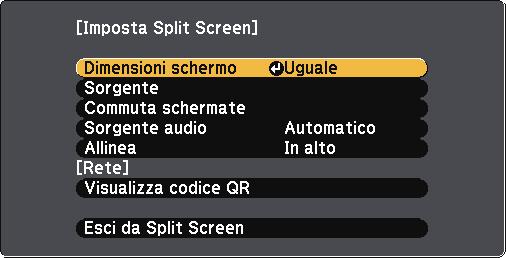 Proiezione di due immgini simultnemente 115 L funzione split screen può essere ust per proiettre simultnemente due immgini d due sorgenti immgine diverse.