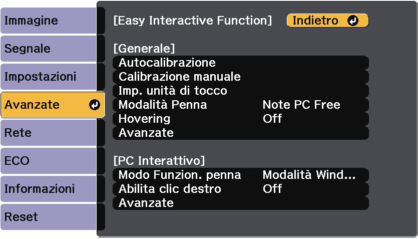 Impostzioni di configurzione del proiettore - Menu Avnzte 188 s Avnzte > Esy Interctive Function > PC Interttivo Impostzione Opzioni Descrizione Modo Funzion.