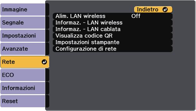Impostzioni di rete del proiettore - Menu Rete 189 Le impostzioni sul menu Rete consentono di visulizzre le informzioni di rete e configurre il proiettore per il monitorggio e il controllo trmite
