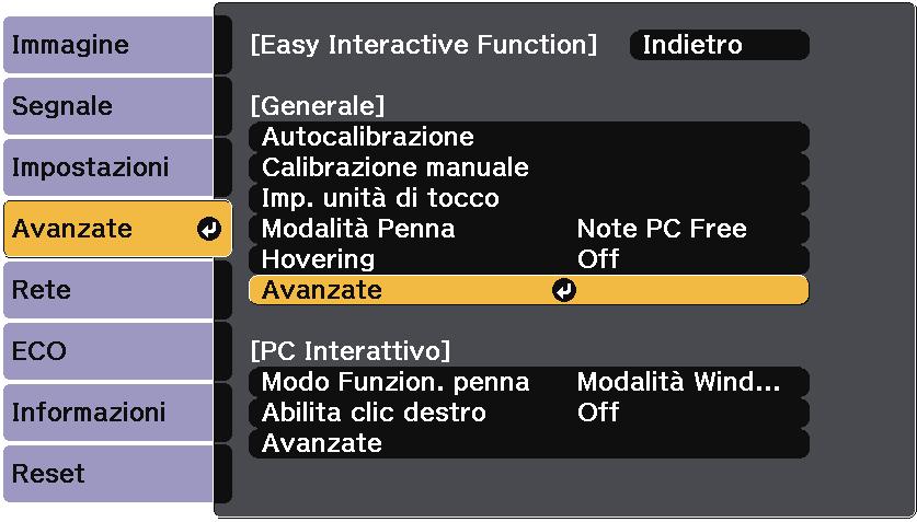 cblt su Modo 2 nel menu Avnzte del proiettore. s Avnzte > Esy Interctive Function > Generle > Avnzte > Mod. sinc.
