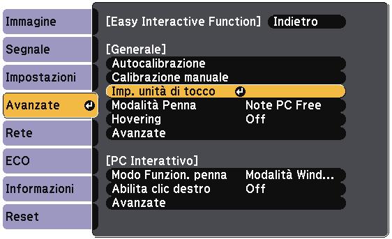 Preprzione prim dell uso delle funzioni interttive 85 Premere il tsto [Menu], selezionre il menu Avnzte, quindi premere [Enter]. c Selezionre Imp.