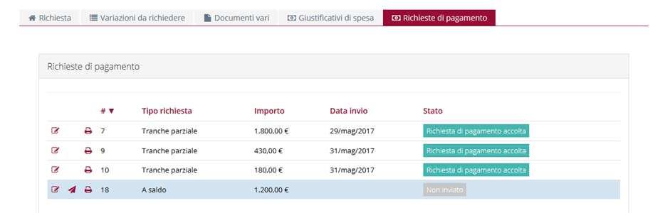 Invio della richiesta di pagamento L invio della richiesta di pagamento si esegue dall elenco delle richieste di pagamento tramite l apposito comando.