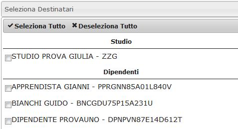 Cliccando su seleziona destinatari si apre un menù a tendina dove si potrà selezionare lo studio o i dipendenti a cui inviare i file o i documenti.