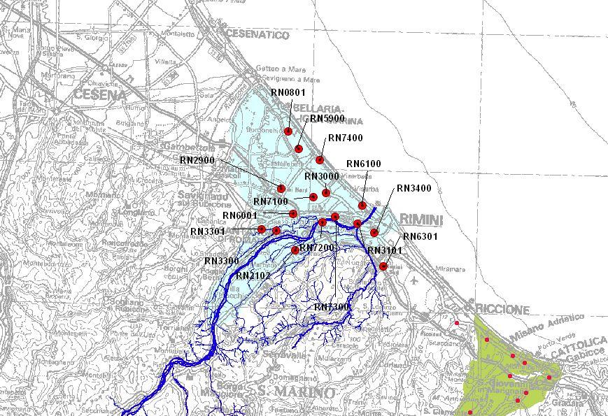 Figura 2.2.2 Cartina dei pozzi ubicati nella conoide del Marecchia. CONOIDE DEL CONCA La conoide del Conca è stata individuata come conoide alluvionale intermedia.