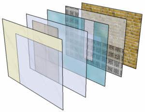 Trasparenza del materiale La proprietà opacità dei materiali (un numero compreso tra 0 e 100%) consente di creare materiali simili al vetro. Dipingi questi materiali sulle facce e crea delle finestre.