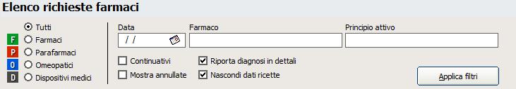 Attraverso il riquadro di sinistra, è possibile applicare dei filtri sulla tipologia di farmaco da ricercare, es. Farmaci, Parafarmaci, Omeopatici, Dispositivi medici.