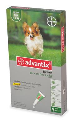31,70 33,70 ADVANTIX VERDE Cani fino a 4 kg Antiparassitario spot-on contro pulci, zecche e zanzare. Per cani fino a 4 kg. 4 pipette (4 x 0,4 ml).