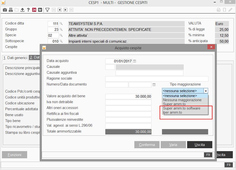 CESP1 Implementazioni Software Super/Iper ammortamento Cespiti Premesso quanto sopra, la procedura relativamente alla gestione cespiti e alla gestione leasing è stata modificata per accogliere questa