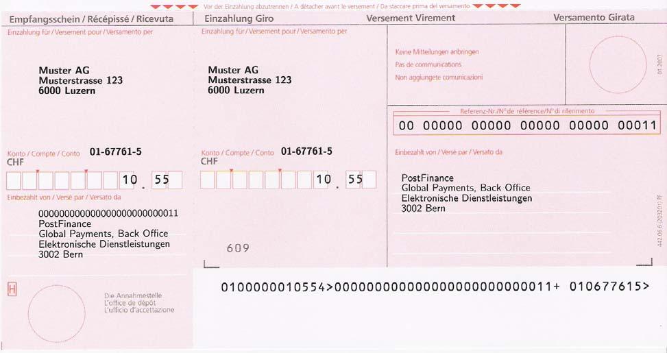 5.3 Esempio 3 in cui il numero di riferimento PVR è posizionato correttamente Per ricevere l OK di PostFinance ed evitare inutili