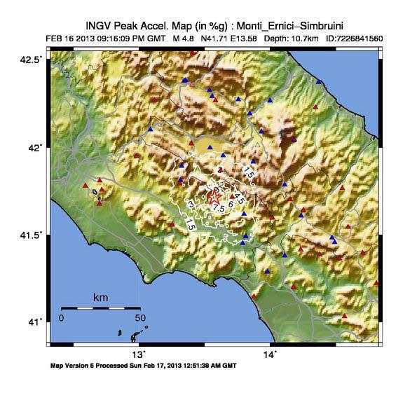 Mappe di scuotimento La massima accelerazione (PGA) è stata registrata alla stazione di POFI, Posta Fibreno (FR),