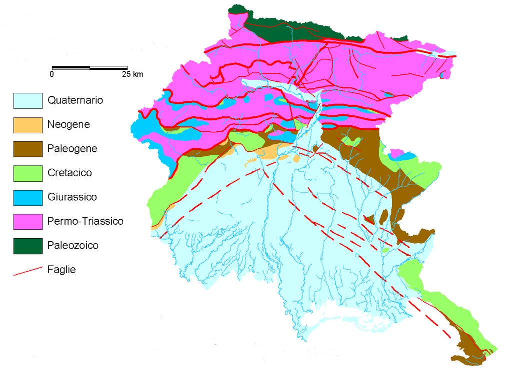 1) Rocce paleozoiche 2) R. mesozoiche (Cretaceo) e cenozoiche, linee tettoniche NW-SE 3) R.