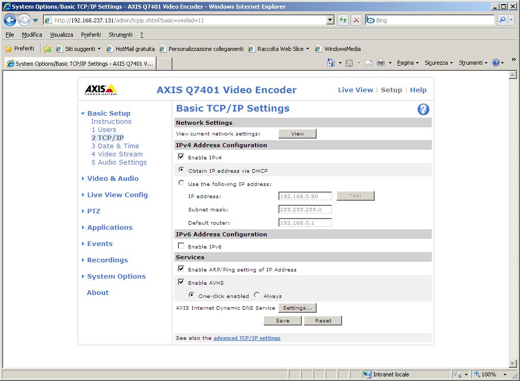 visualizzazione in Normal. AXIS Q7401 Cliccare sul menu laterale a sinistra sulla voce TCP/IP della sezione Basic Setup.