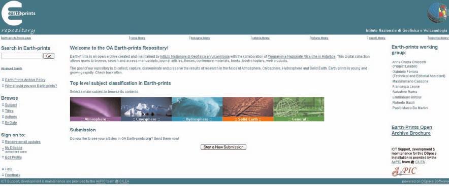 Relazione introduttiva Homepage dell archivio aperto disciplinare www.earthprints.org. Servizio di Document Delivery.