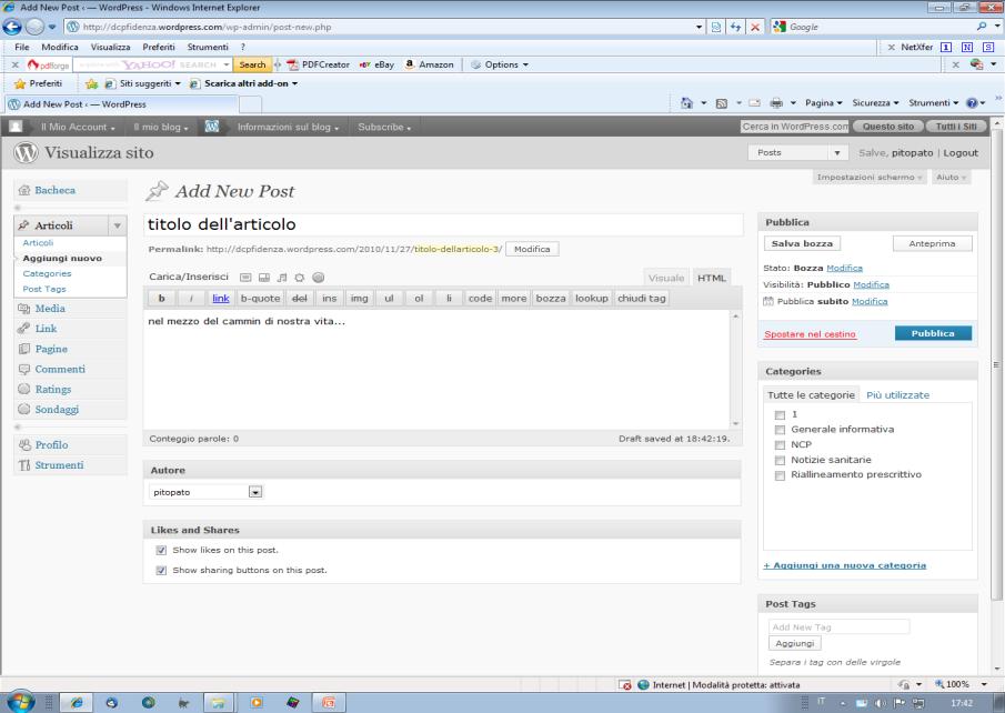 MA NOI DOVREMO CLICCARE SOLTANTO IN FONDO ALLA PAGINA DOVE C E SCRITTO: INSERISCI NELL ARTICOLO Ora ricompare la schermata del nuovo articolo con inserito nel corpo dell