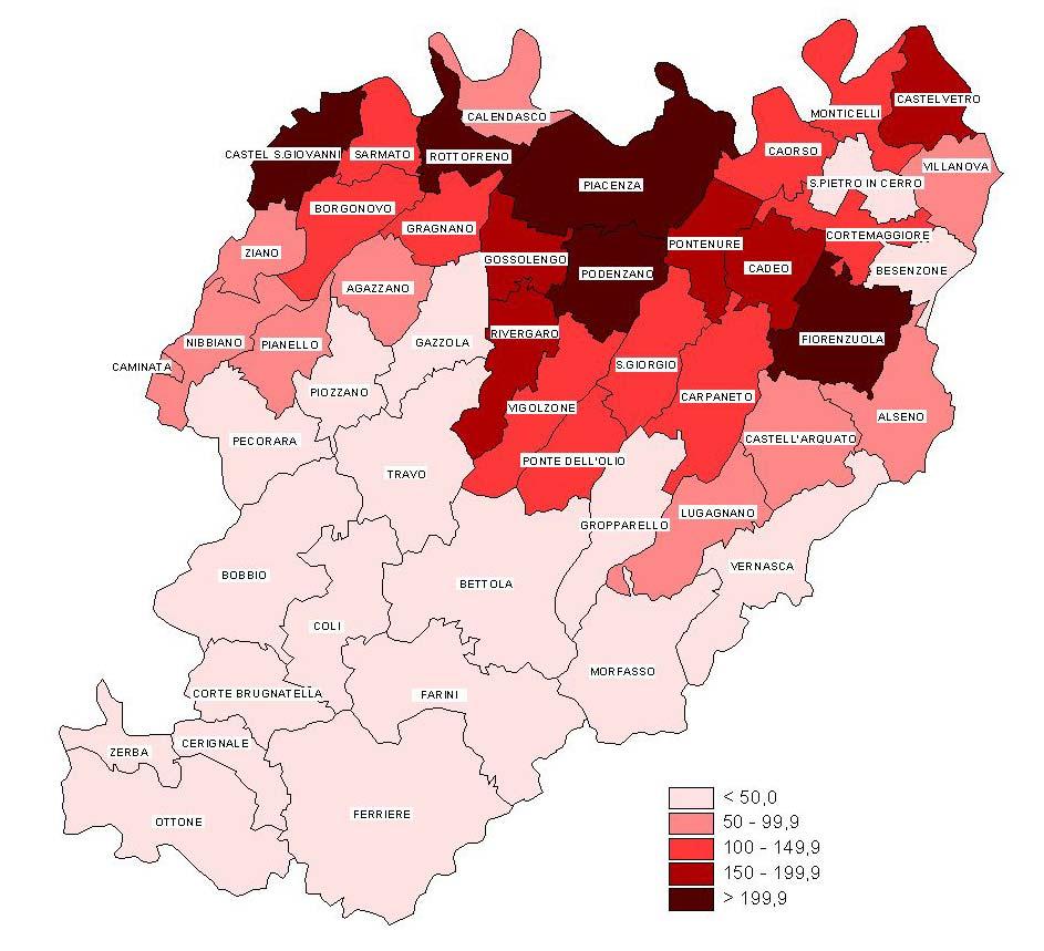 Provincia di Piacenza: densità demografica dei comuni al 31/12/2009 (abitanti per kmq) Fonte: Provincia di Piacenza Ufficio Statistica Provincia di Piacenza: popolazione residente, superficie e
