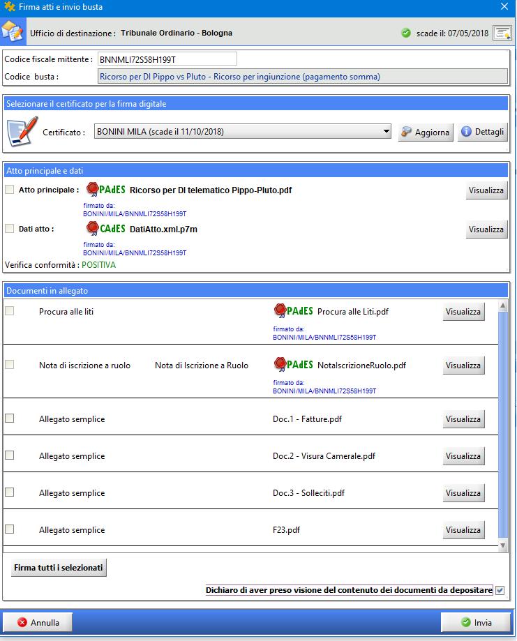 A questo punto le coccarde rosse ci indicano che gli atti e gli allegati precedentemente selezionati sono stati regolarmente firmati digitalmente.