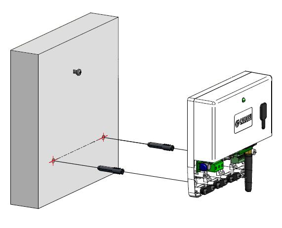 FASE 5 Rimuovere il concentratore, forare (ø 6 mm), inserire i tasselli a muro nei punti evidenziati e risistemare il concentratore dati fissandolo al muro sulla