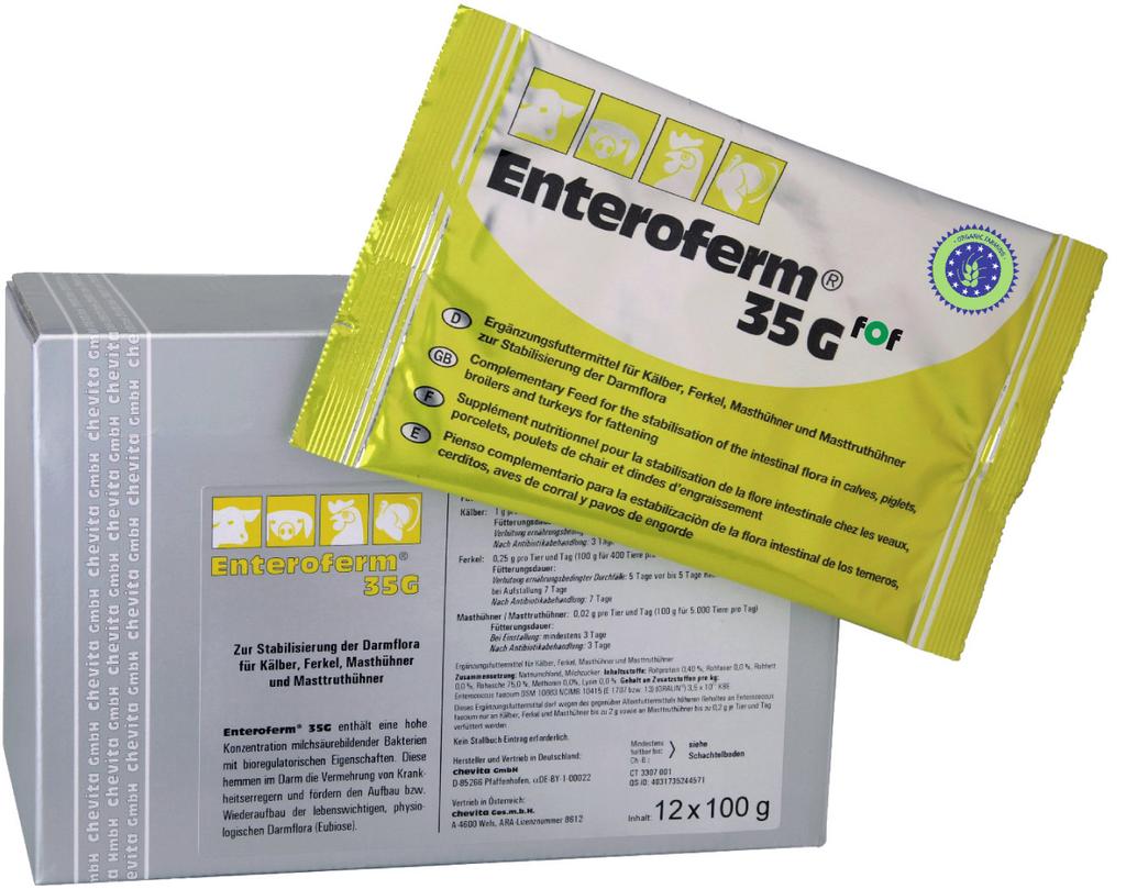 Enteroferm 35G PROBIOTICO PER VITELLI Enteroferm 35G contiene ORALIN, un ceppo probiotico di Enterococcus faecium del tipo L.A.B. (Lactic Acid Bacteria) ad elevata concentrazione.