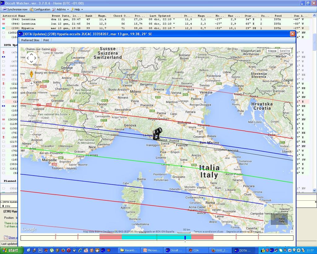 . In quest altra finestra di Occultwatcher sono riportate, sul terreno, il margine nord e sud dell ombra asteroidale prevista (in blu), il centro dell ombra (in verde) e le corde previste per il