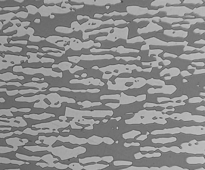 1. ACCIAI INOSSIDABILI DUPLEX Figura 1.2 Microstruttura acciaio duplex. Le parti più chiare identificano l austenite, mentre le zone più scure evidenziano la fase ferritica.