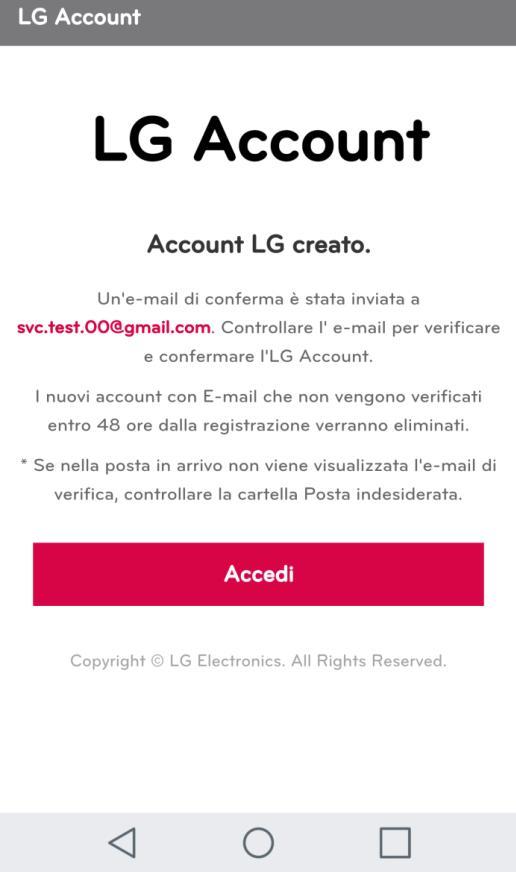 Conferma via e-mail dell account LG Aprire la posta elettronica e visualizzare l email di autenticazione