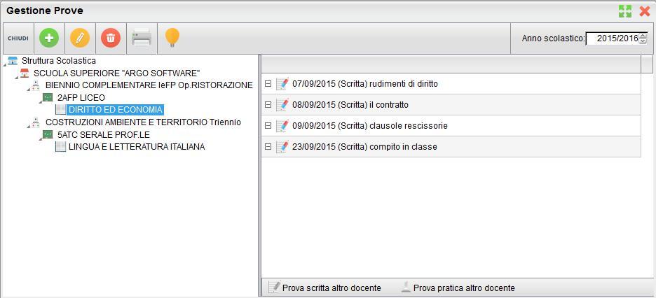 Dopo aver effettuato la ricerca all'interno della struttura scolastica ed aver selezionato classe e materia, il docente visualizza, una volta create, le prove scritte o pratiche della materia