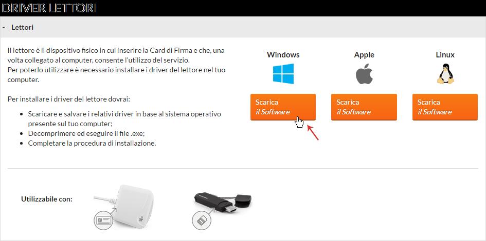 In caso di acquisto di una Smart Card, installare i soli driver relativi. Installare i driver dei Lettori di Firma Digitale 1.