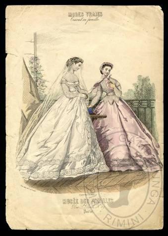 Riviste di moda sec. XIX Tavola incisa all acquaforte dalla rivista Modes vrais Musée des familles, 1866.