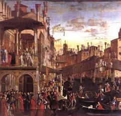 Miracolo della Croce, dipinto di Vittorio Carpaccio, dove è visibile l antico Ponte della Moneta testa del suo esercito; il proposito è quello di tornare in Romagna per rimettere a posto le cose.