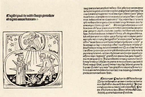 Frontespizio e fine dei Prognostica di Paolo da Middelburgo, Anversa 1484 e popoli periranno e allora Dio farà una nuova legge chiamando nuove genti e un novello Profeta giungerà dal nord.