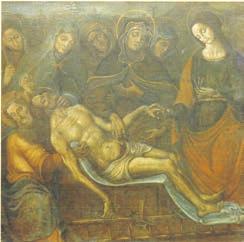 Sogliano al Rubicone, Chiesa del Suffragio: Maria Addolorata col Cristo morto sulle ginocchia insieme alle tre Marie, dipinto di autore anonimo proveniente dall Oratorio della Pietà (1518 circa).