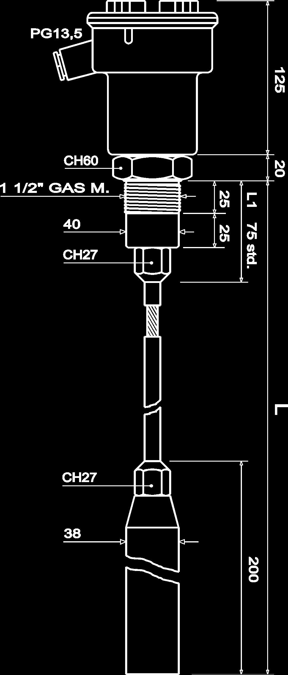 CLS7 Controllo di livello a contatto per montaggio dall alto Fune in acciaio al carbonio / PE Adatto al controllo di granulati e polveri Protezione IP66 67 Lunghezza max 30 m Certificato ATEX CLS7 è