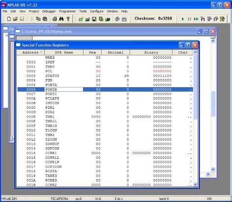 Dal menu Watch selezionare Special Function Registers (viene mostrato il contenuto degli SFR relativi al microcontrollore selzionato): Dal menu Debugger selezionare Stopwatch (viene visualizzata una