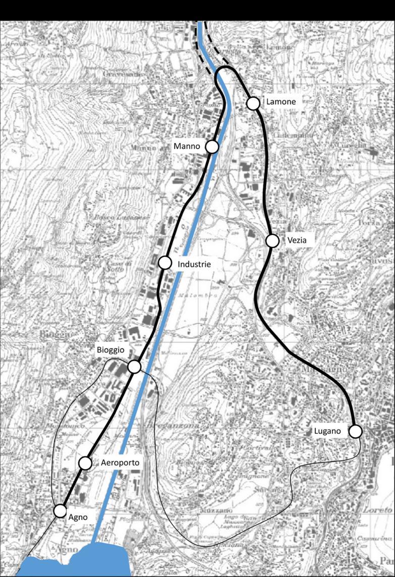 Le due soluzioni: Tram-Treno prima tappa e tram variante B non sono direttamente paragonabili, una serve il Piano del Vedeggio, l'altra Lugano.