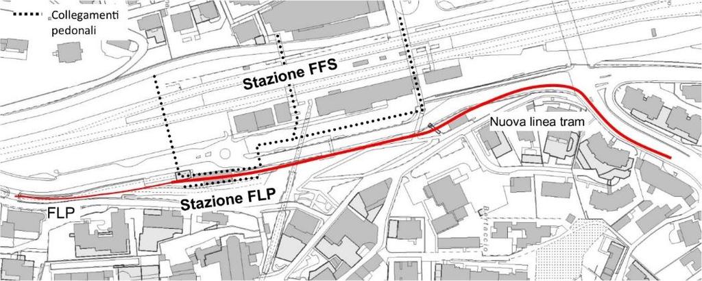 5.3 Descrizione della proposta Stazione FFS di Lugano Collegare la nuova linea con quelle esistente e progettare la fermata principale in corrispondenza del nodo dei trasporti pubblici della stazione
