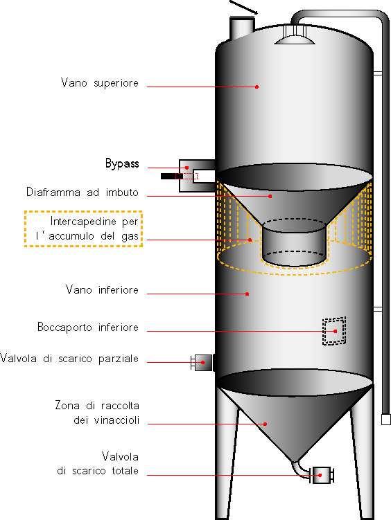 Macerazione dinamica soffice Vinificatore con diaframma per accumulo di gas Si effettua macerazione soffice con l ausilio di gas tecnici (CO 2 ) Limitato maltrattamento del pigiato Assenza di