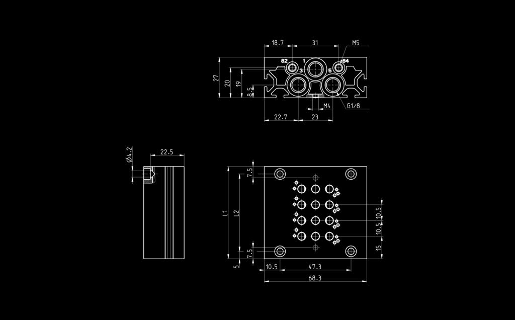 > Valvole ed elettrovalvole Serie E Convogliatori per valvole con utilizzi sul corpo - passo 10,5 Il convogliatore è costruito con l ingresso 1 e gli scarichi 3 e 5 convogliati.