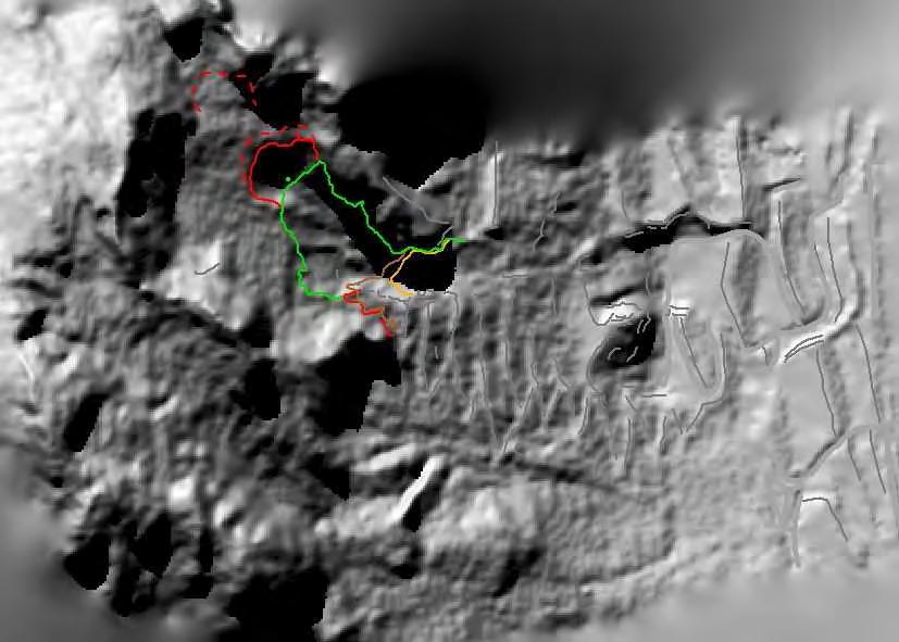 Fig. 53: DTM 2x2 m ricavato da topografia 2005 Gister con nicchie di frana relative alle successive fasi di evoluzione 0 100 m La topografia pre-frana è stata realizzata da GISTER.